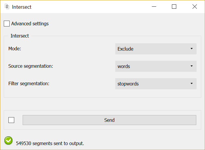 Interface of widget Intersect configured for stopword removal